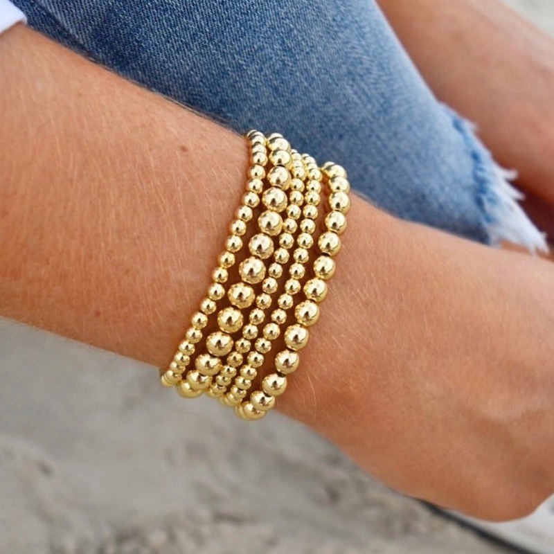 Hot Selling Gold Plated Stainless Steel Round Beads Bracelets Multi Size Beaded Stackable Bracelet For Women