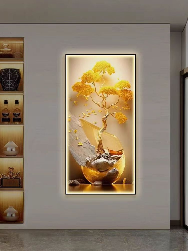 Wholesale Led Wall Art 3D Painting Home Decor Lighting Decoration Home Gold Tree Crystal Porcelain Painting