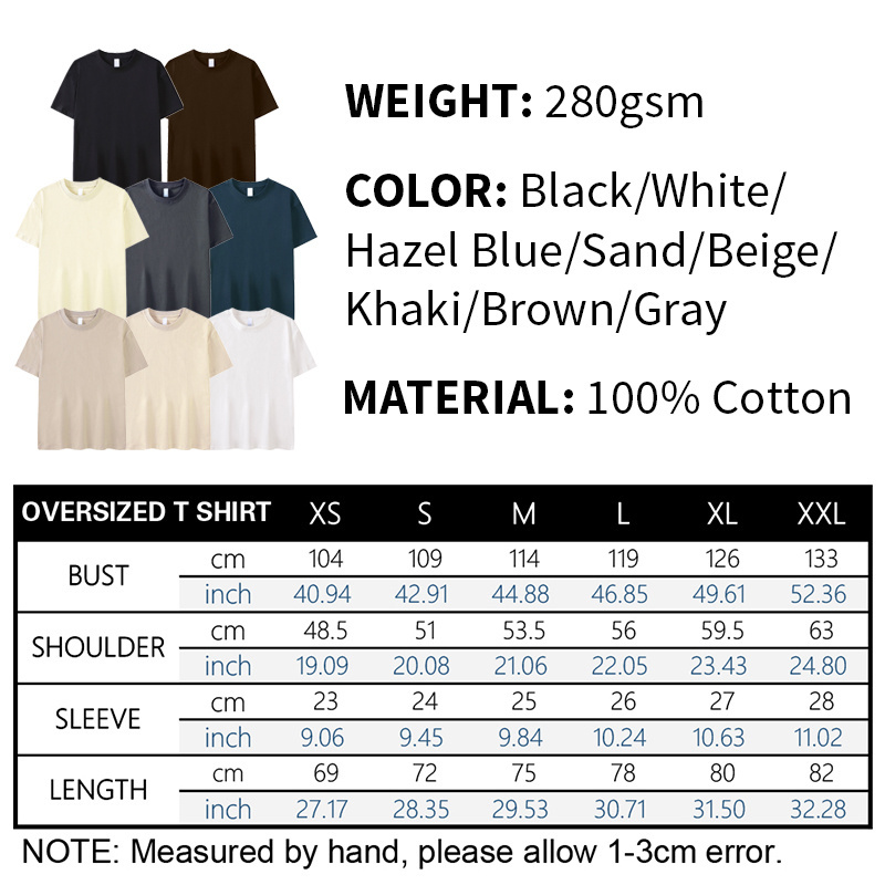 Custom Logo Heavy Weight Tshirts Tee Shirt 100% Cotton Plus Size Men's T-shirt 280GSM Cotton Oversized Plain T Shirts