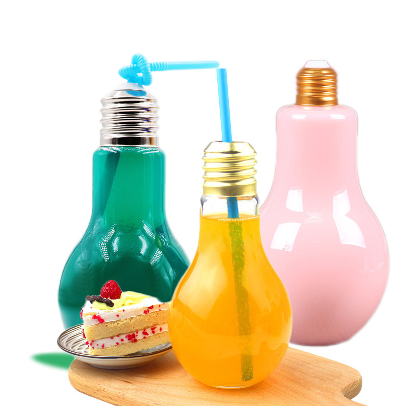 Bpa No Leak With Straw Transparent 300ml400ml500ml800ml Juice Bulb Shaped Plastic Bottle