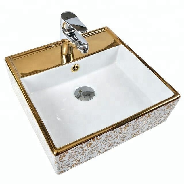 sanitary ware Saudi Arabic golden bathroom sinks with faucet hole square countertop ceramic gold washing basin