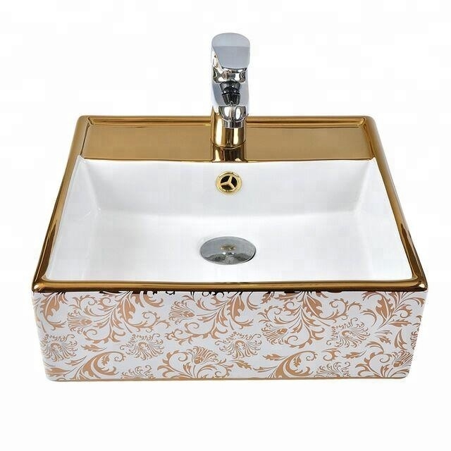 sanitary ware Saudi Arabic golden bathroom sinks with faucet hole square countertop ceramic gold washing basin