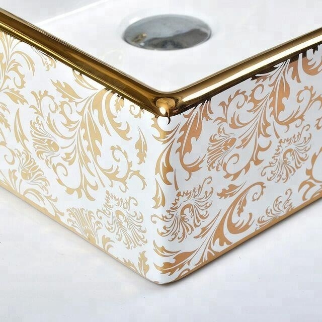 sanitary ware Saudi Arabic golden bathroom sinks with faucet hole square countertop ceramic gold washing basin