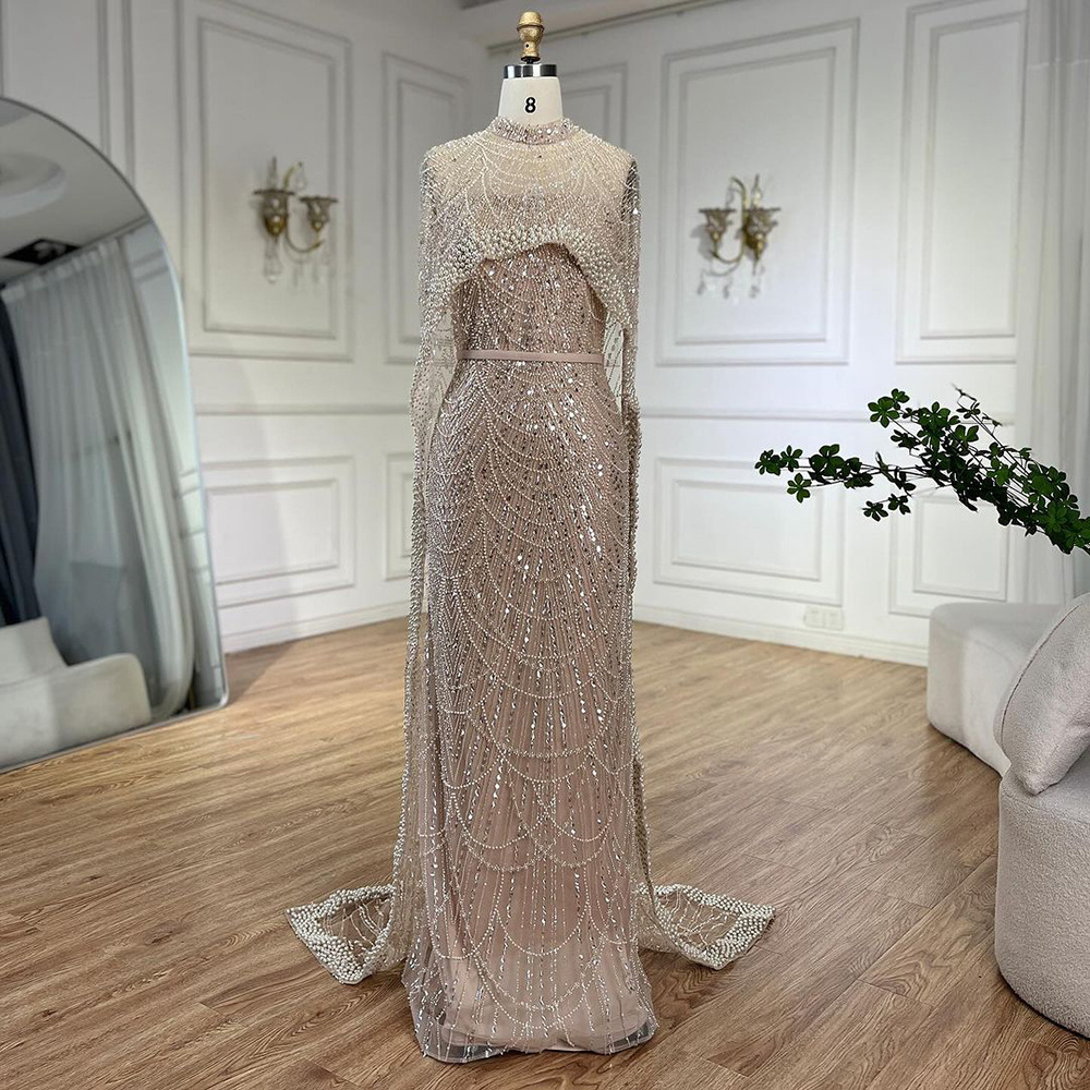 Dubai Arabia Nude Mermaid Long Cape Elegant Evening Dresses 2024 Serene Hill LA72032 Wedding Party Gowns For Women