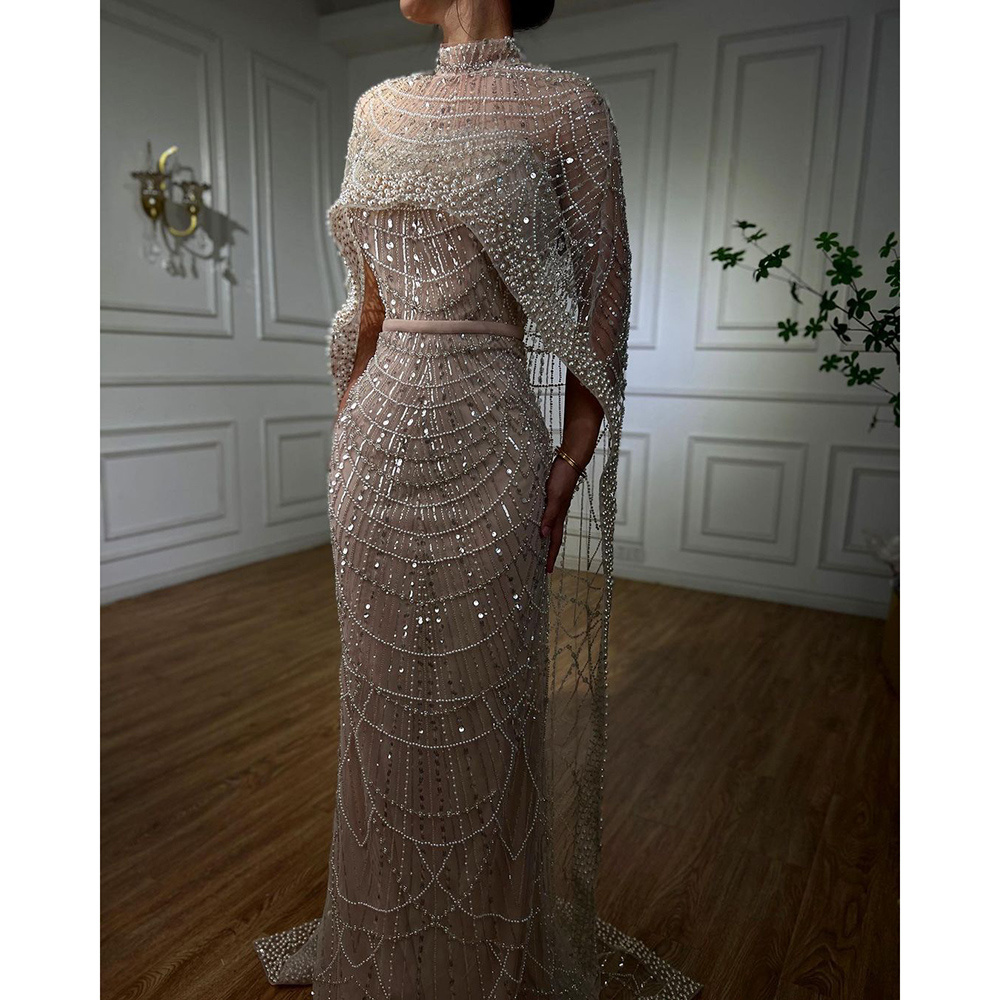 Dubai Arabia Nude Mermaid Long Cape Elegant Evening Dresses 2024 Serene Hill LA72032 Wedding Party Gowns For Women