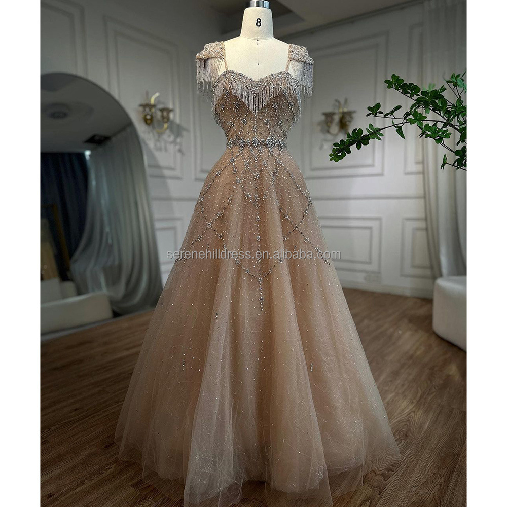 Nude A Line Beaded Tassel Evening Prom Dresses Lace Up Back Serene Hill LA72214 Arabic Party Gowns For Women