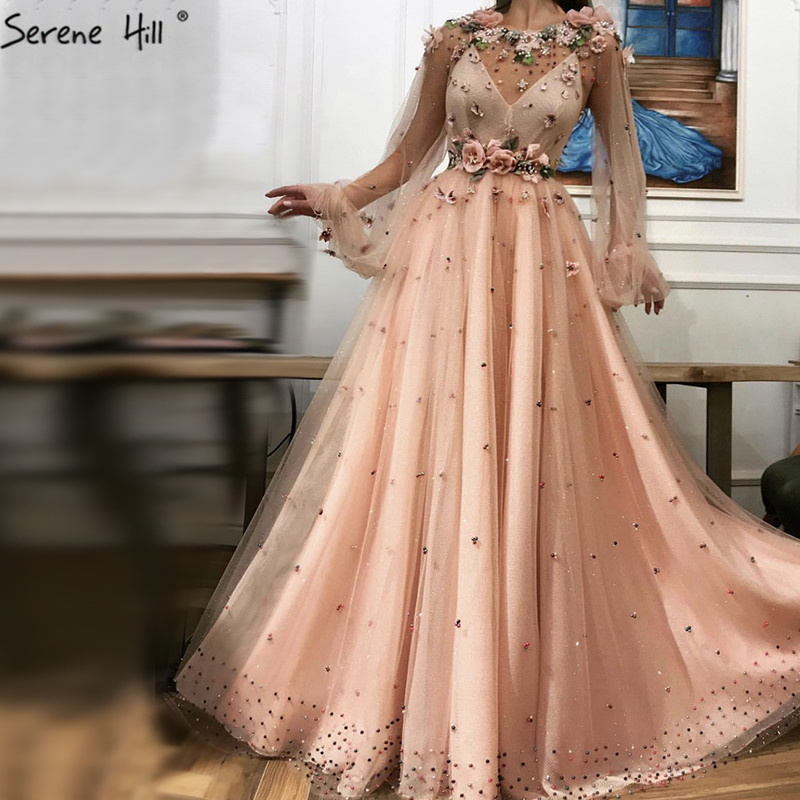 Serene Hill O Neck Full Sleeves Peach Color Evening Dresses Handmade Flowers Lace Up Party Long Gowns For Women LA60766