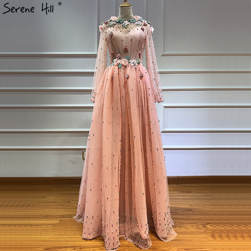 Serene Hill O Neck Full Sleeves Peach Color Evening Dresses Handmade Flowers Lace Up Party Long Gowns For Women LA60766