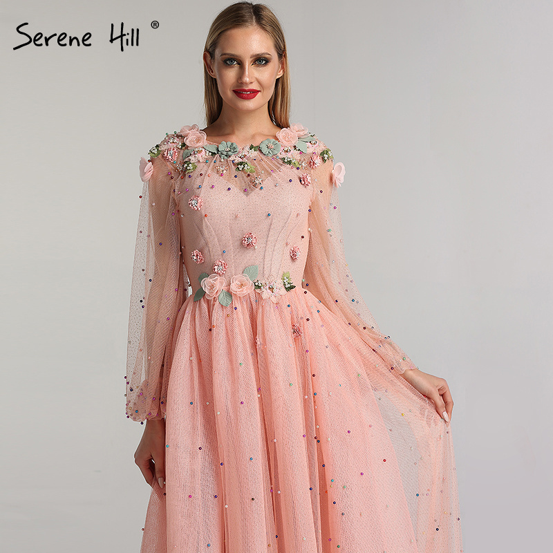 Serene Hill O Neck Full Sleeves Peach Color Evening Dresses Handmade Flowers Lace Up Party Long Gowns For Women LA60766