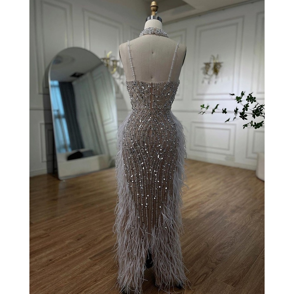 White Nude Mermaid Beaded Feathers Evening Gowns Serene Hill LA72047 Party Prom Dresses 2023 For Women