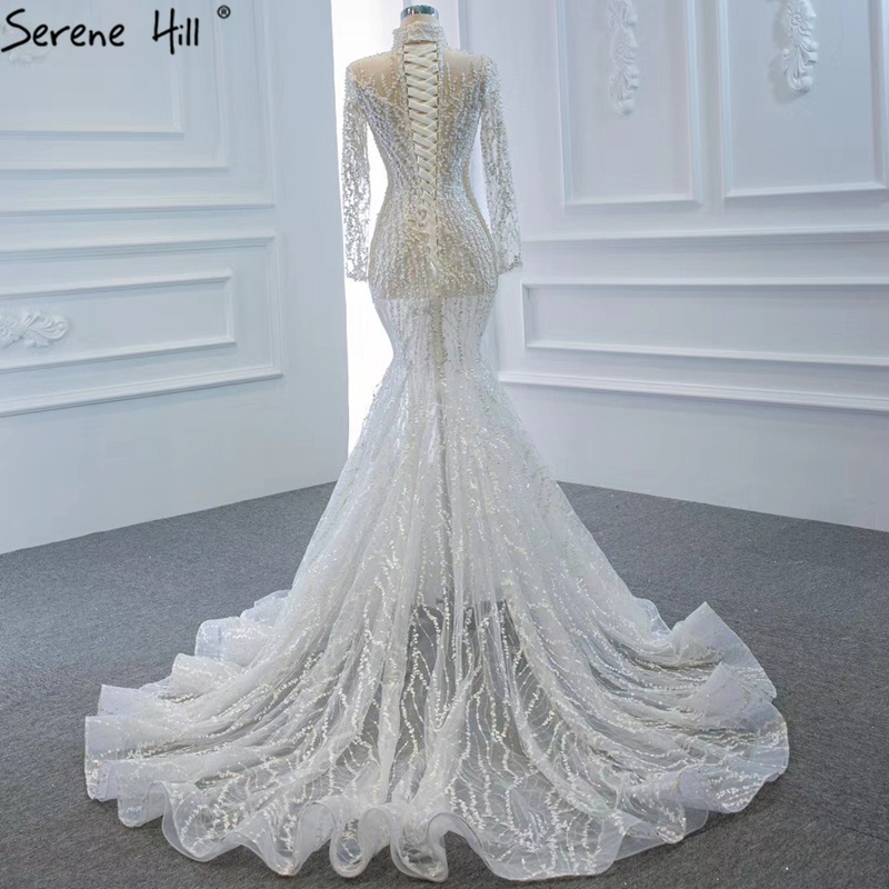 High Neck Full Sleeve Wedding Dresses Serene Hill HM67140 Bridal Muslim Mermaid Gowns Luxury Beaded With Pearl