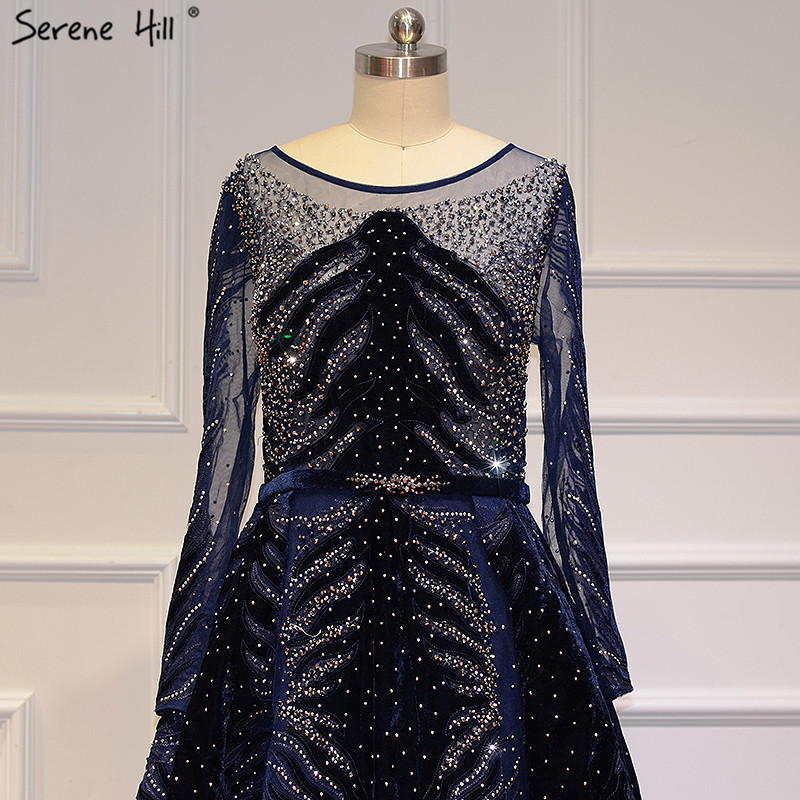 Navy Blue Long Sleeves Velvet Mermaid Evening Dresses Serene Hill LA60914 Beaded Over Skirt Plus Size Women Party Gowns