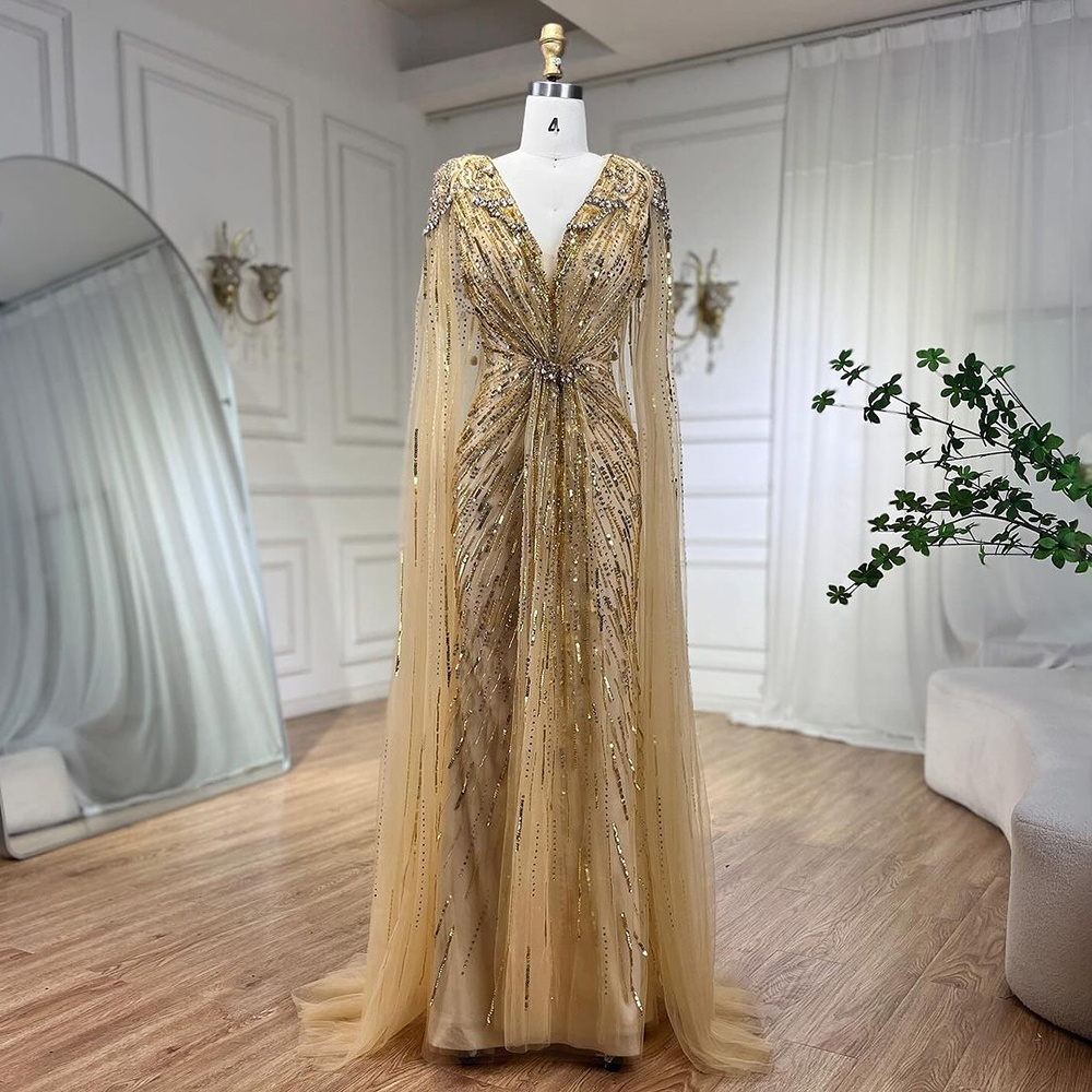 Gold Mermaid Cape Sleeves Beaded Evening Dresses Serene Hill LA72168A Arabic Party Ball Gowns 2024 For Women