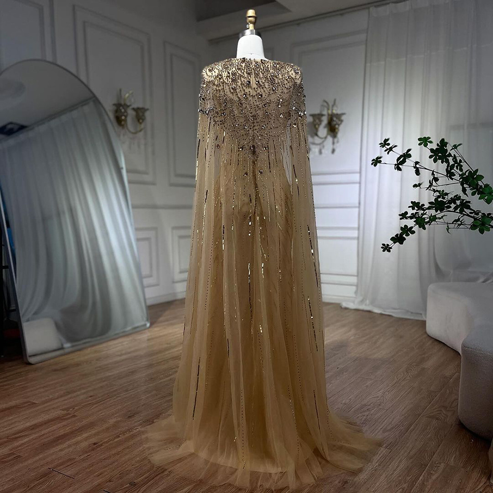 Gold Mermaid Cape Sleeves Beaded Evening Dresses Serene Hill LA72168A Arabic Party Ball Gowns 2024 For Women