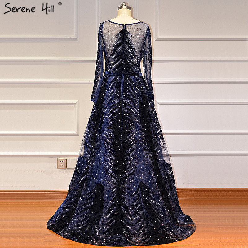 Navy Blue Long Sleeves Velvet Mermaid Evening Dresses Serene Hill LA60914 Beaded Over Skirt Plus Size Women Party Gowns