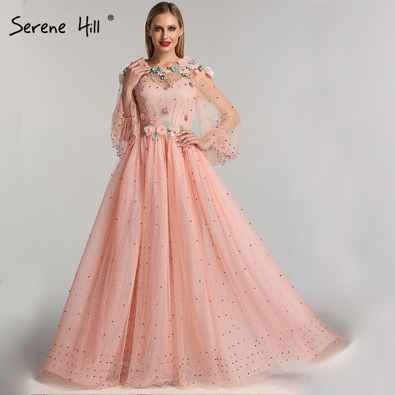 Serene Hill O Neck Full Sleeves Peach Color Evening Dresses Handmade Flowers Lace Up Party Long Gowns For Women LA60766