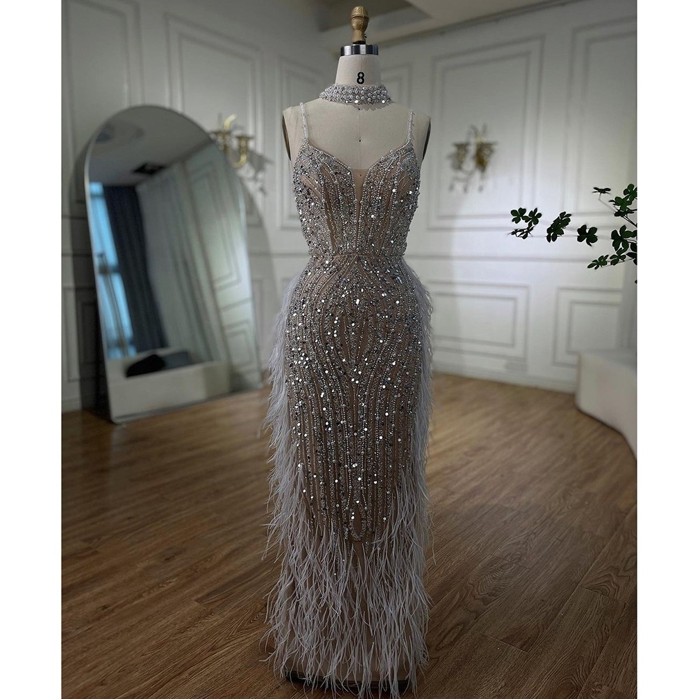 White Nude Mermaid Beaded Feathers Evening Gowns Serene Hill LA72047 Party Prom Dresses 2023 For Women