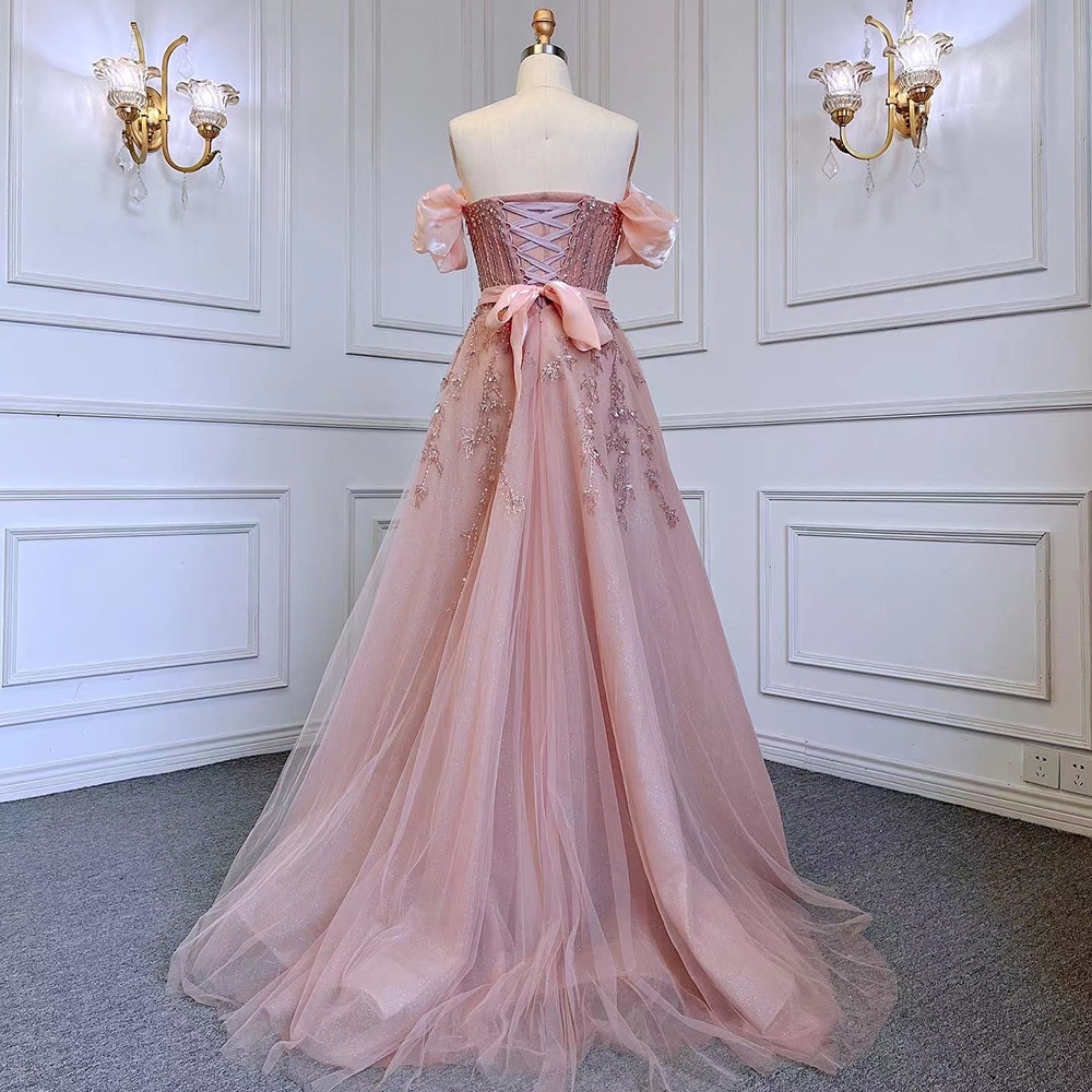 Blush Pink A Line Off Shoulder Prom Dresses Serene Hill LA71745 Lace Up Back Arabic Evening Party Dresses For Girls