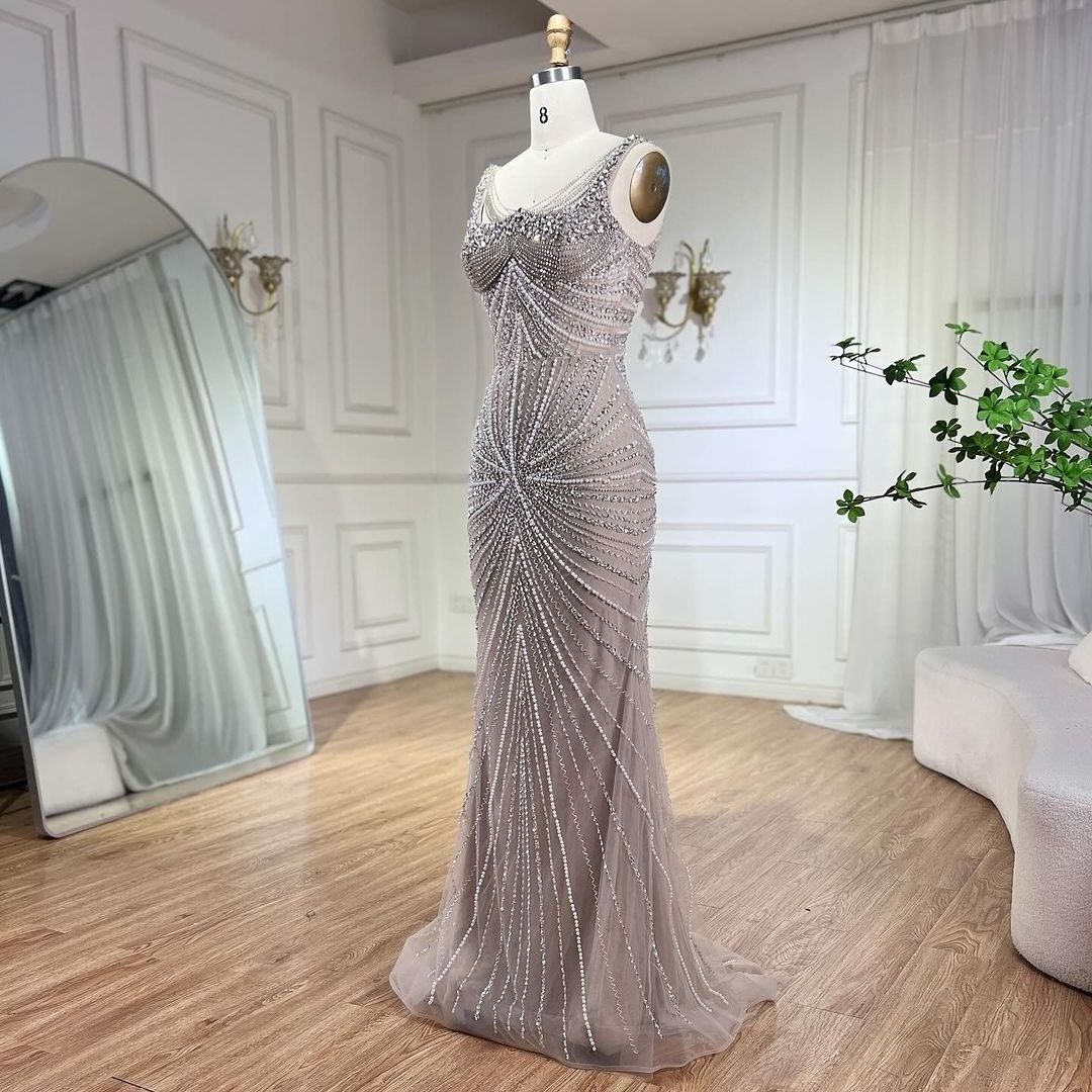 Nude Mermaid Evening Dresses 2024 Serene Hill LA72356 Luxury Beaded Arabic Formal Gowns For Women Wedding Party