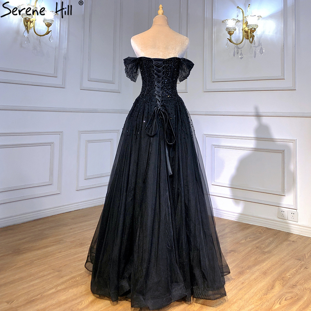 Black A-Line Off Shoulder Sequin Prom Dresses Serene Hill LA70545 Arabic Party Evening Gowns for Girls