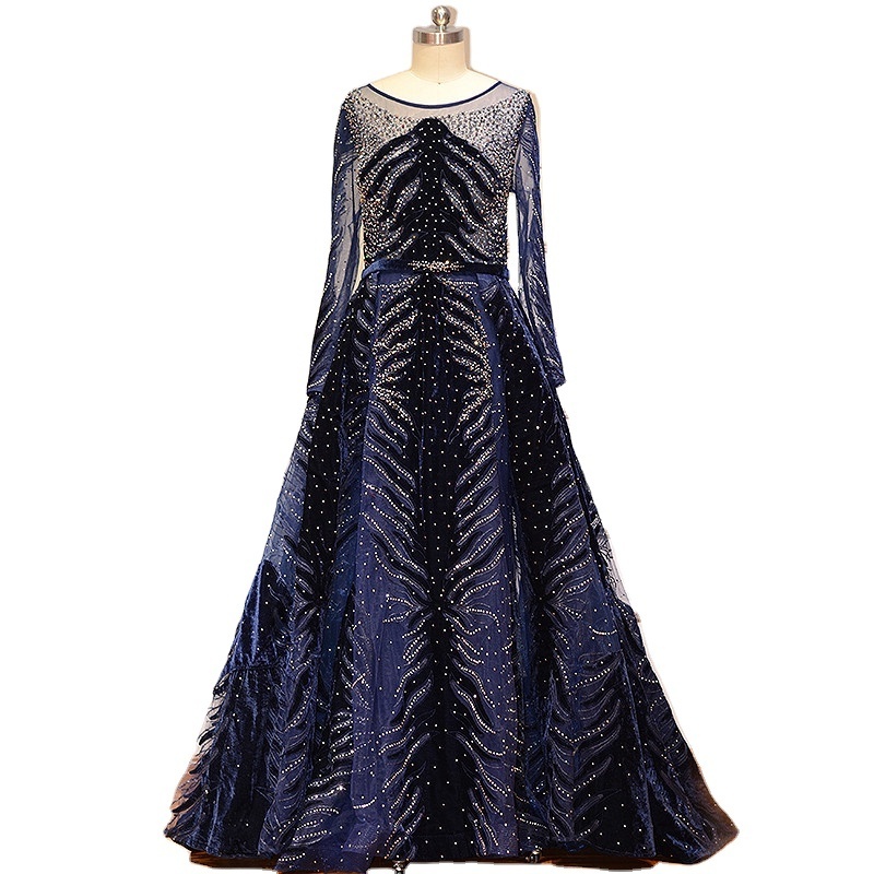 Navy Blue Long Sleeves Velvet Mermaid Evening Dresses Serene Hill LA60914 Beaded Over Skirt Plus Size Women Party Gowns