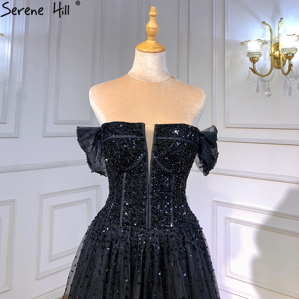 Black A-Line Off Shoulder Sequin Prom Dresses Serene Hill LA70545 Arabic Party Evening Gowns for Girls