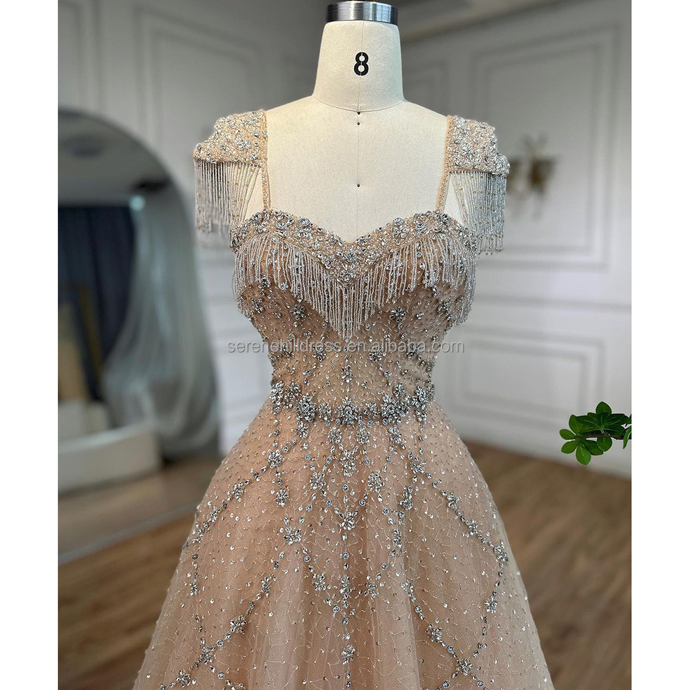 Nude A Line Beaded Tassel Evening Prom Dresses Lace Up Back Serene Hill LA72214 Arabic Party Gowns For Women