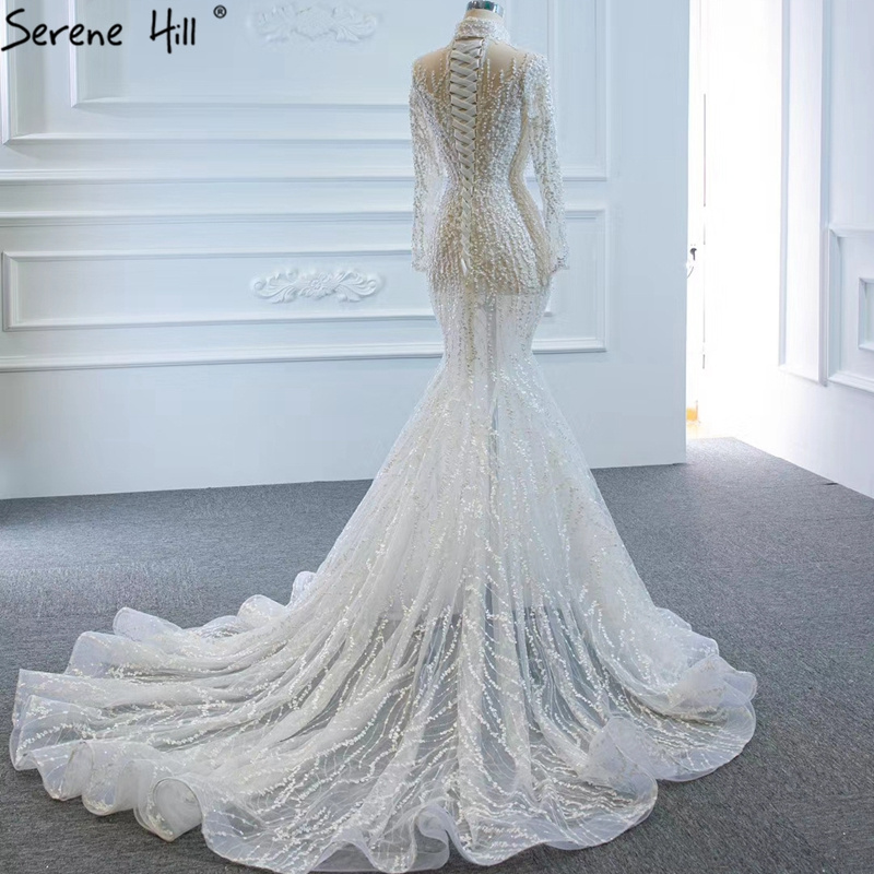 High Neck Full Sleeve Wedding Dresses Serene Hill HM67140 Bridal Muslim Mermaid Gowns Luxury Beaded With Pearl