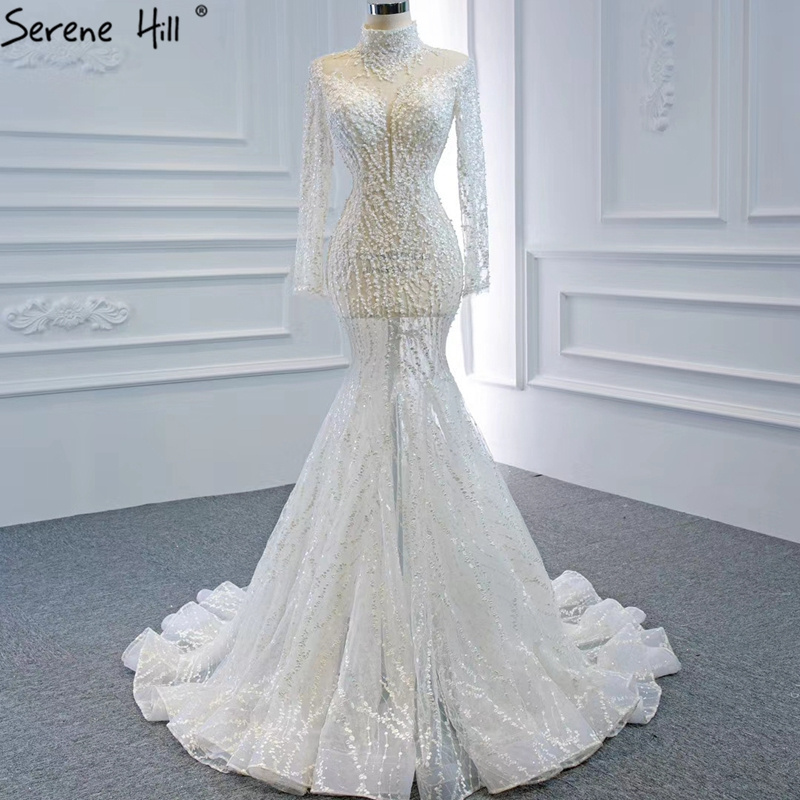 High Neck Full Sleeve Wedding Dresses Serene Hill HM67140 Bridal Muslim Mermaid Gowns Luxury Beaded With Pearl