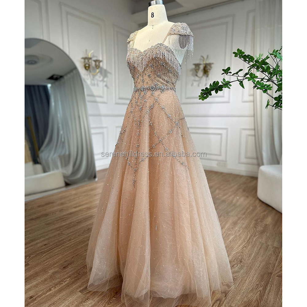 Nude A Line Beaded Tassel Evening Prom Dresses Lace Up Back Serene Hill LA72214 Arabic Party Gowns For Women