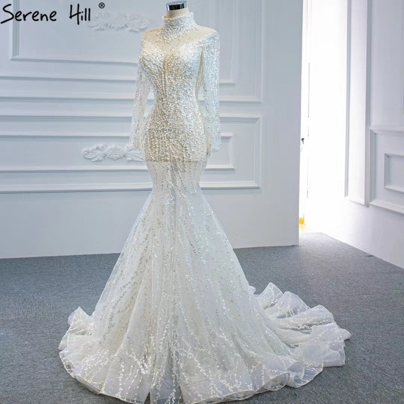 High Neck Full Sleeve Wedding Dresses Serene Hill HM67140 Bridal Muslim Mermaid Gowns Luxury Beaded With Pearl