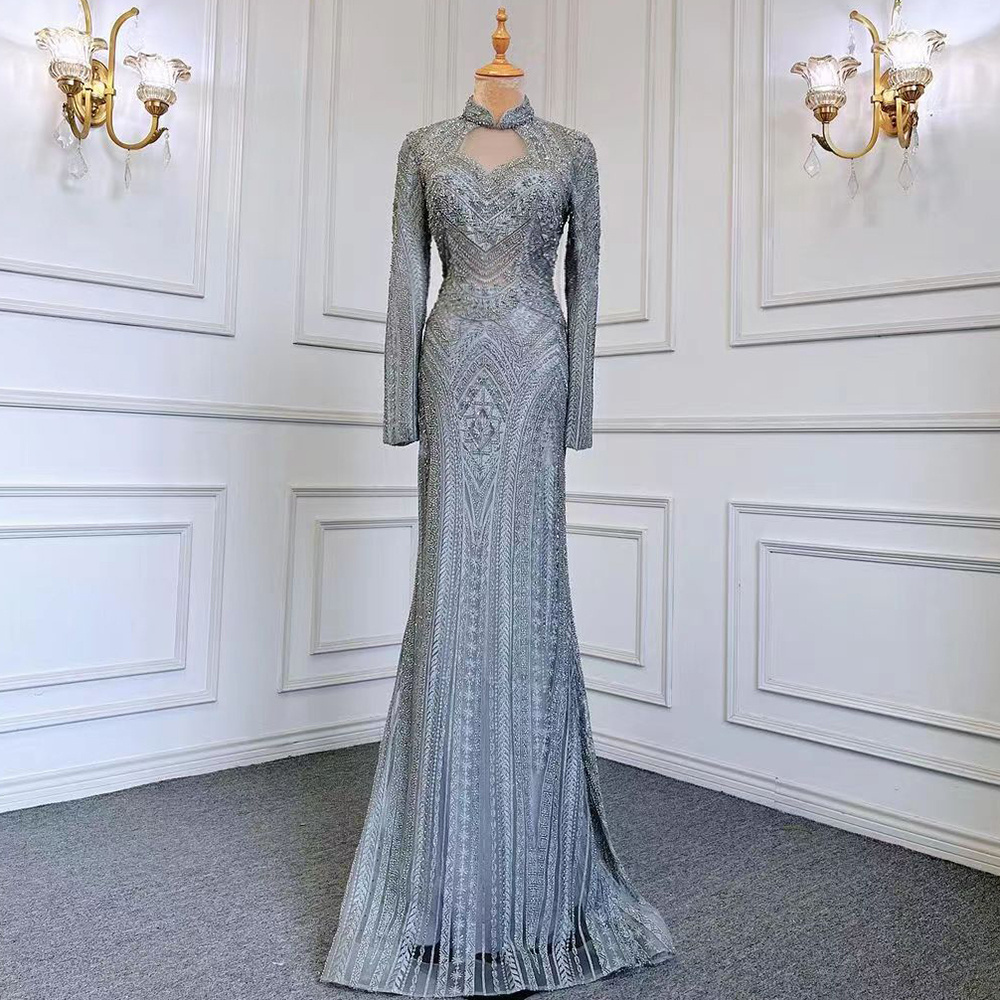 Blue Muslim Long Sleeves High Neck Mermaid Evening Party Gowns Serene Hill LA71742 Mother of the Bride Dresses