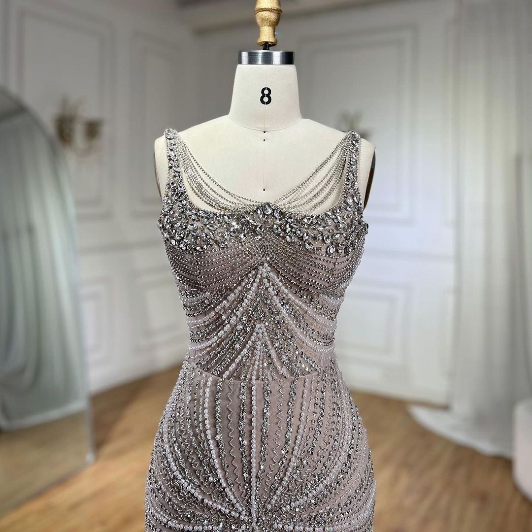 Nude Mermaid Evening Dresses 2024 Serene Hill LA72356 Luxury Beaded Arabic Formal Gowns For Women Wedding Party