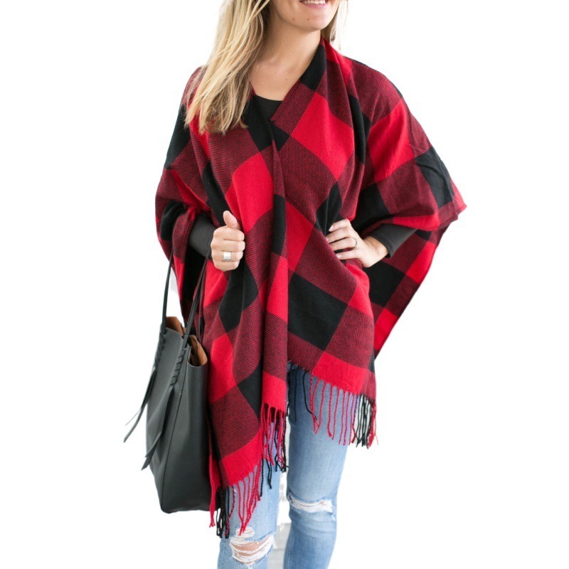 Red and black split fringed shawl Lady imitation cashmere black and white plaid shawl  women buffalo tassel poncho scarf