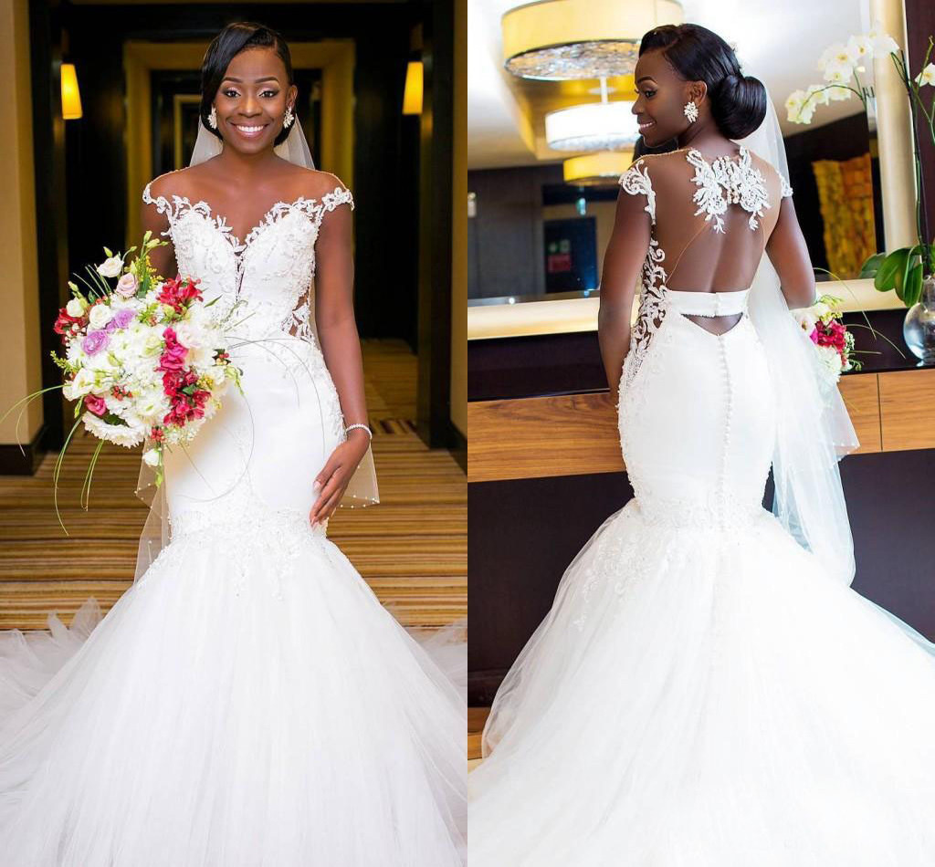 2023 Customize Making African Women Short Sleeve Wedding Dress Plus Size Mermaid Wedding Bridal Gowns