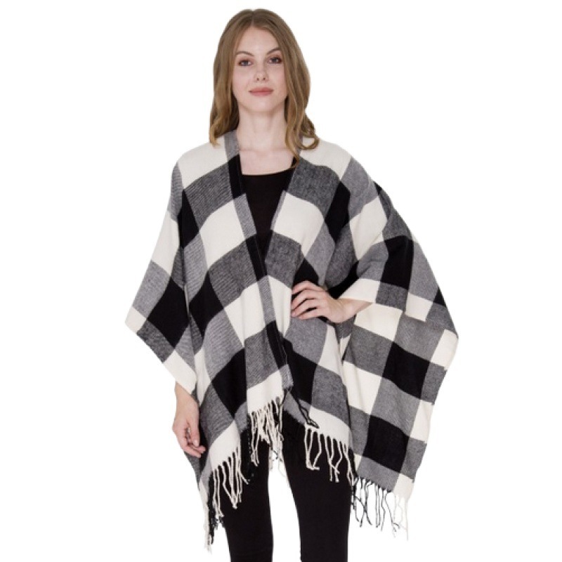 Red and black split fringed shawl Lady imitation cashmere black and white plaid shawl  women buffalo tassel poncho scarf