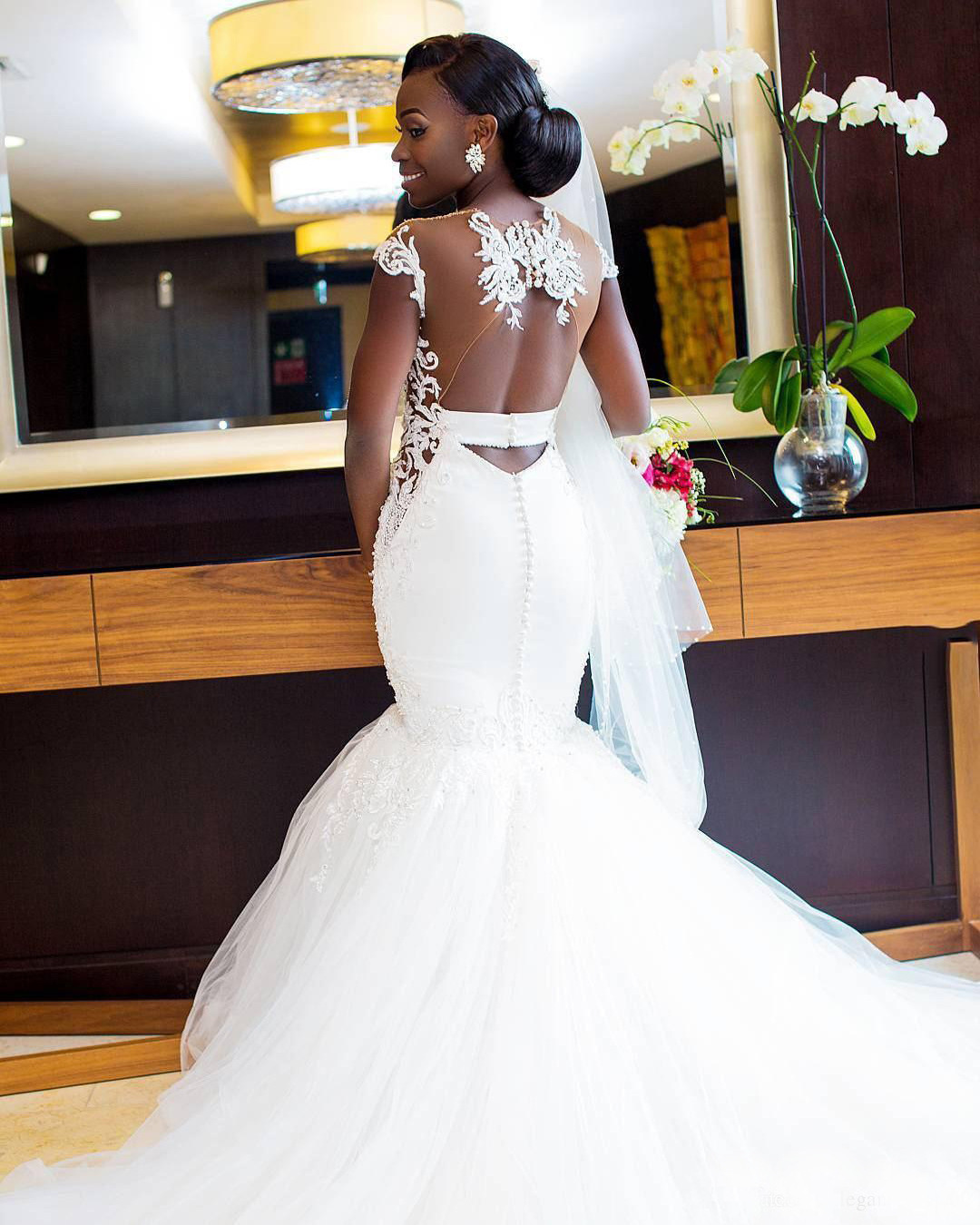 2023 Customize Making African Women Short Sleeve Wedding Dress Plus Size Mermaid Wedding Bridal Gowns