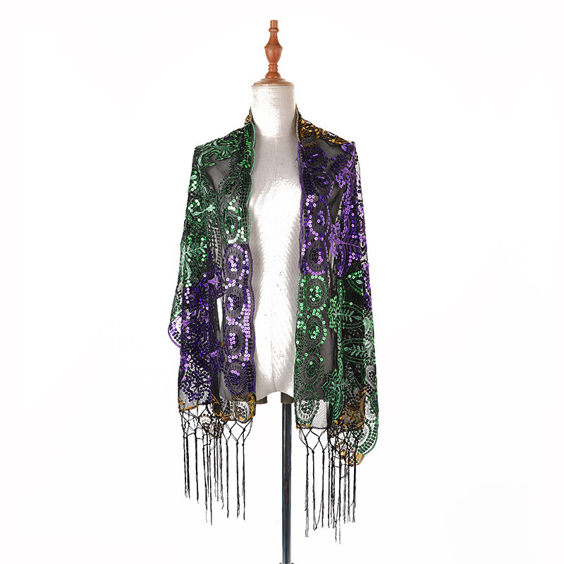 Carnival MARDI GRAS Fleur De Lis  Scarf Sequin Decor Shawl Frienda Costume Scarf Shawl Masquerade Poncho shawl