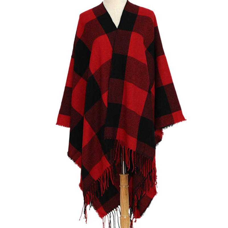 Red and black split fringed shawl Lady imitation cashmere black and white plaid shawl  women buffalo tassel poncho scarf