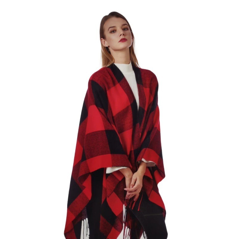 Red and black split fringed shawl Lady imitation cashmere black and white plaid shawl  women buffalo tassel poncho scarf