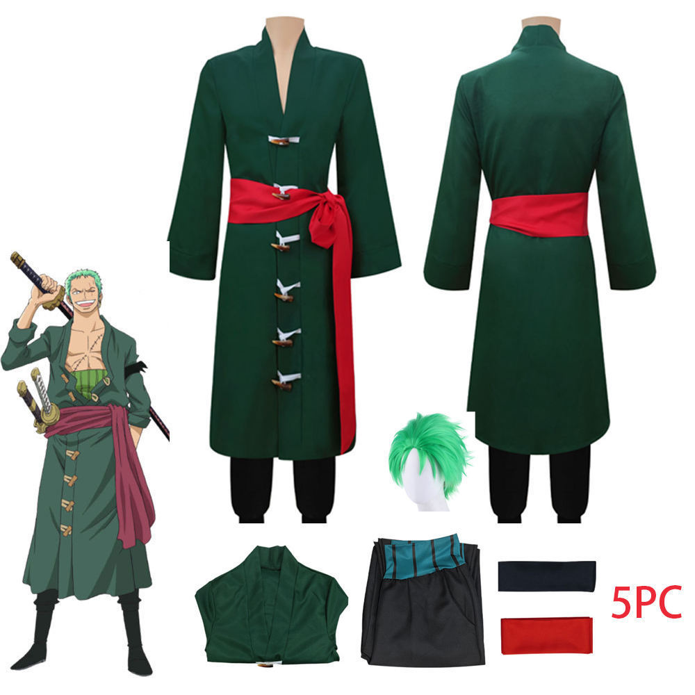 Anime Cosplay Roronoa Zoro Cosplay Costume Adult Dark Green Trench Pants Belt Wig Halloween Men Clothes Full Set