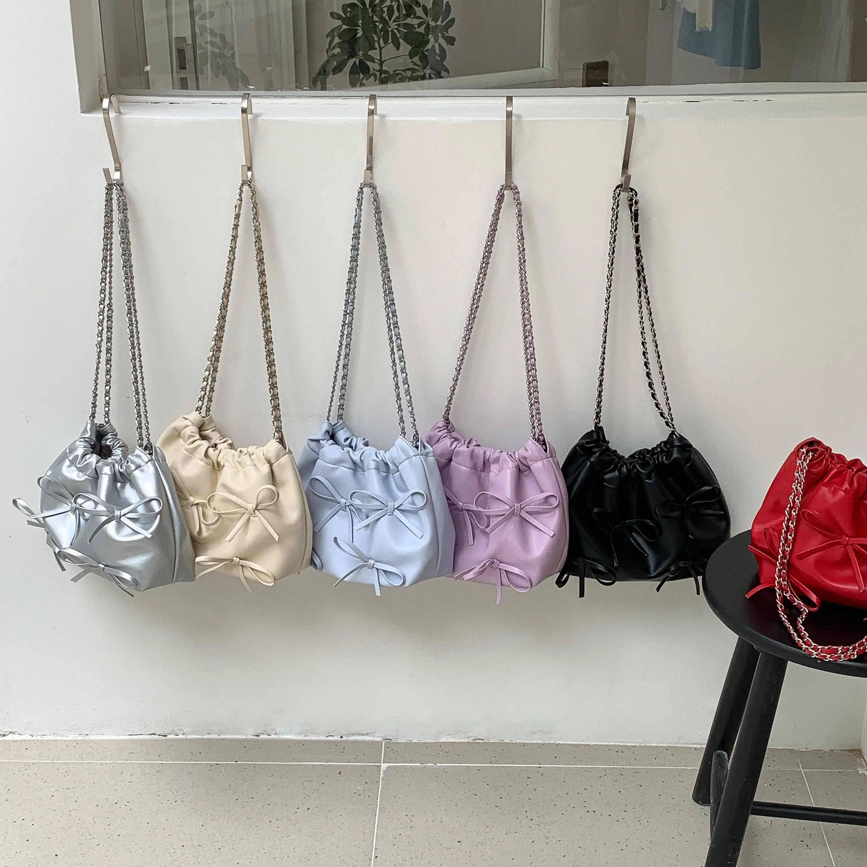 New Design Bow Stylish Sling Chain Bags Ladies PU Leather tote bags for Women Fashion bucket bag