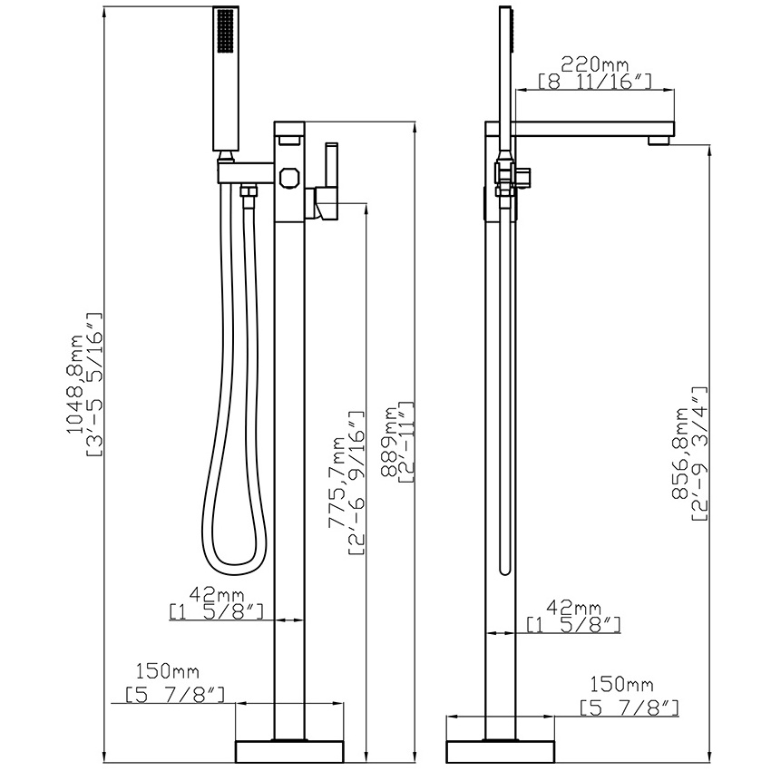 UPC Brass Bathroom Shower Set Floor Mount Free Standing Square Bathtub Bathroom Faucet Accessories Shower System