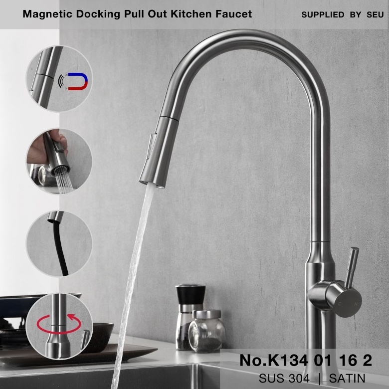 cUPC Single hole handle lead free SUS304 pull out kitchen sink mixers faucets taps with 2 function pull out spray head