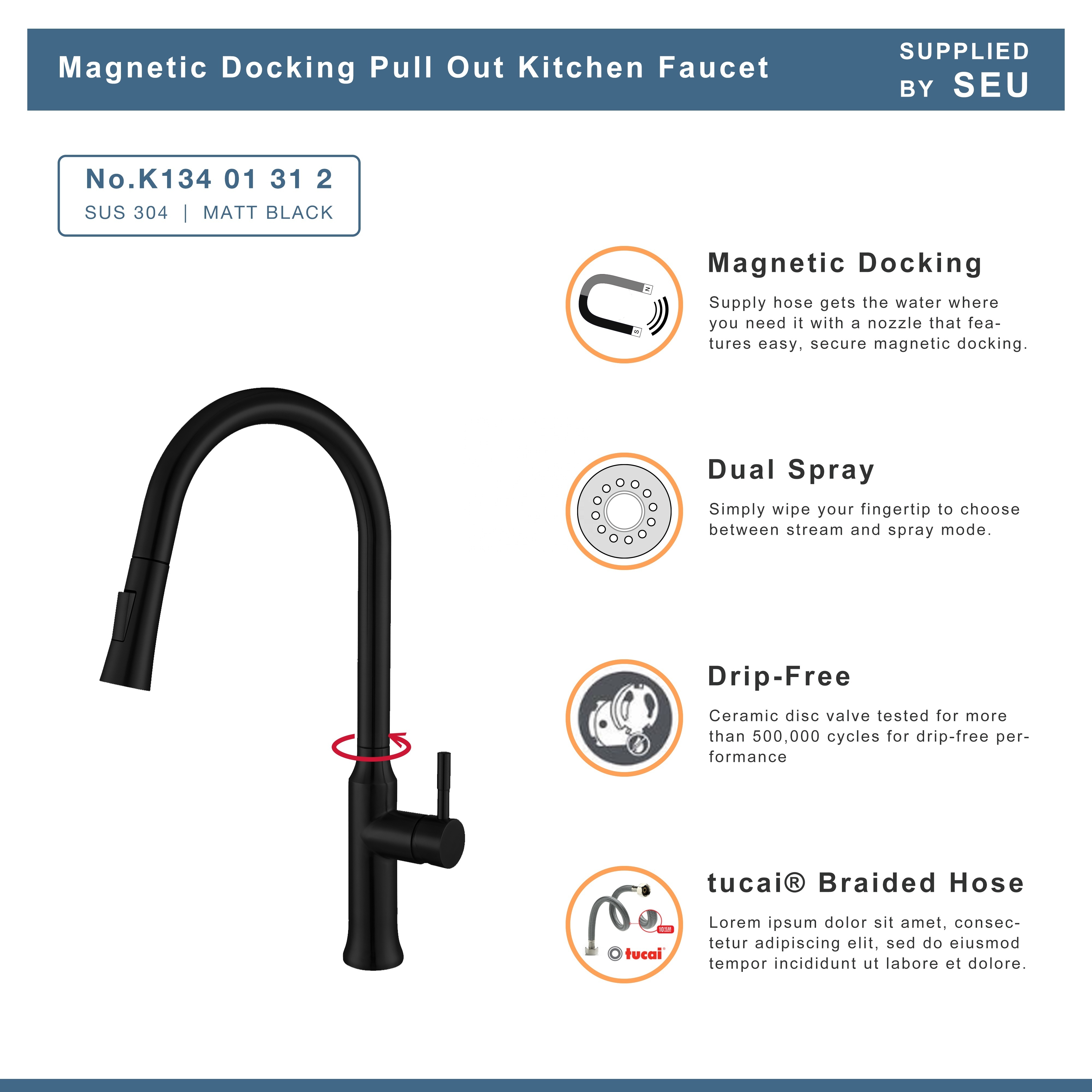 cUPC Single hole handle lead free SUS304 pull out kitchen sink mixers faucets taps with 2 function pull out spray head