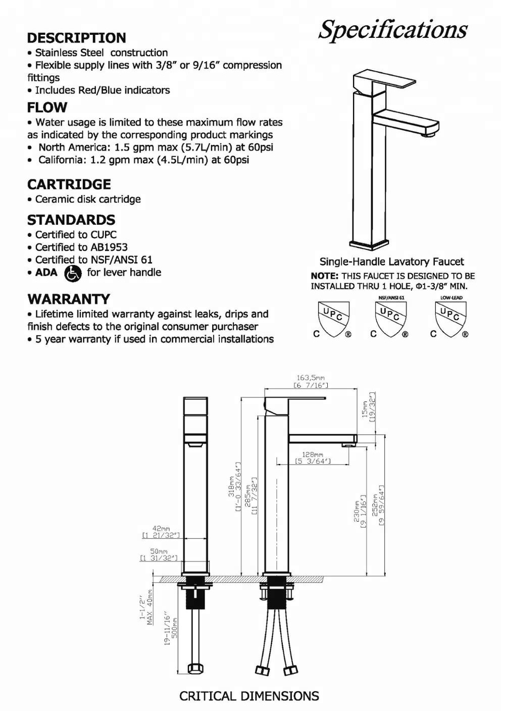 SUS304 stainless steel hot cold high basin faucet for counter top basin sink