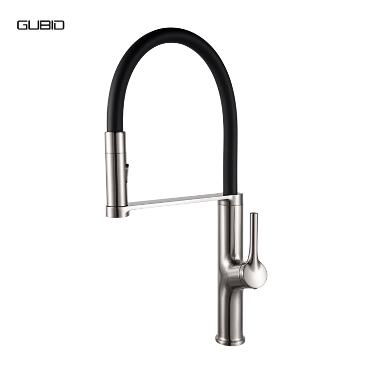 Black Silicone Swing Arm Polished Chrome Plating Kitchen Pull Down Mixed Water Dish Wash Tap Faucet with Put Out Sprayer Shower