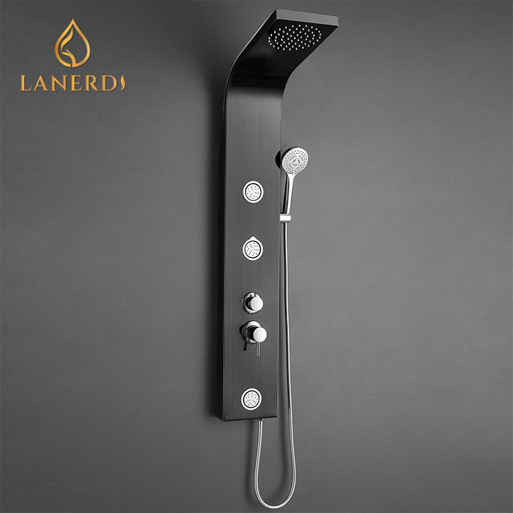 OEM outdoor black stainless steel 3 way thermostatic bathroom wet wall sheet mounted faucet shower tower fountail panel