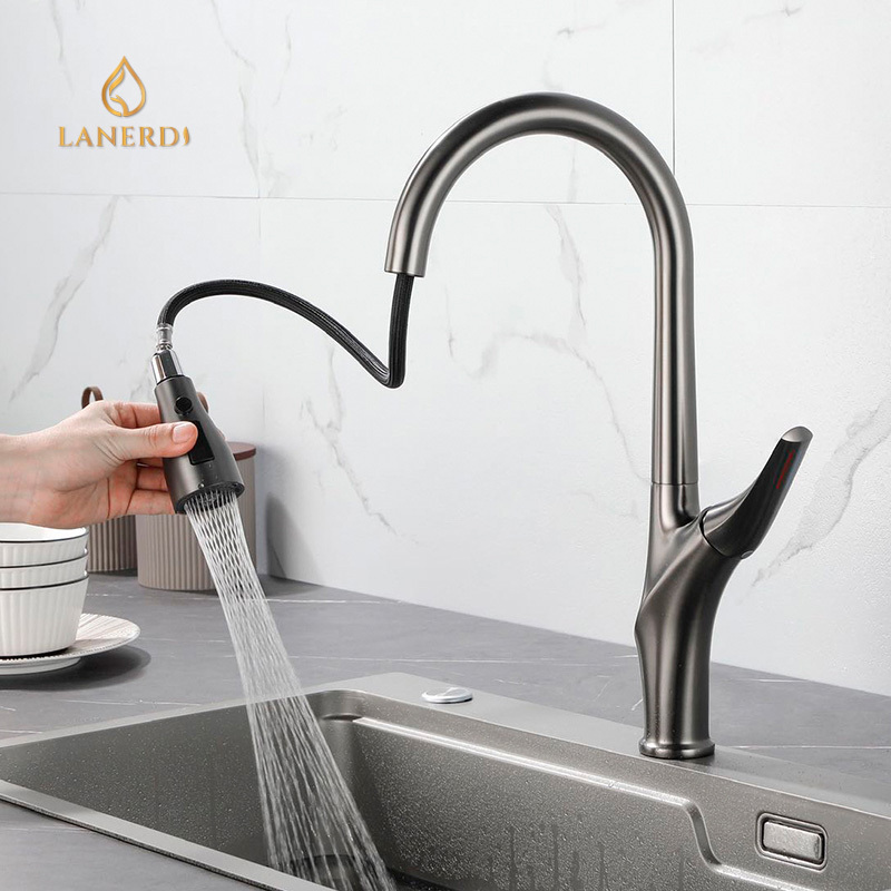 upc cupc Single Handle Swan Hole Matte Black Pull Down Spring Kitchen Sink Faucet  With Faucet Hole Cover Kitchen Sink Faucet