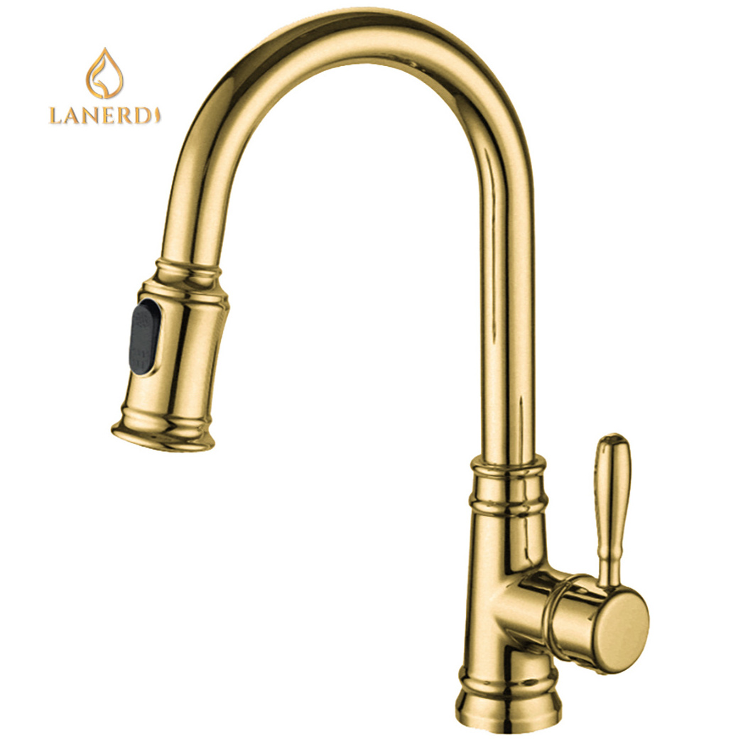 Lanerdi Classic Farmhosue Single Handle Brass Pull down Kitchen Faucet with Pull out Sprayer Gold Kitchen Sink Faucets